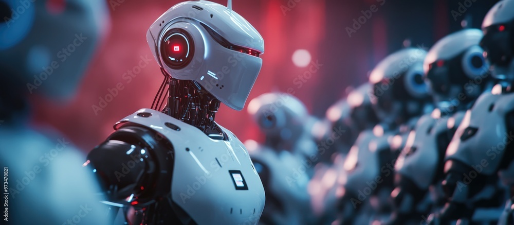 Poster white chatbot robot guiding a group of robots against a dark bluish reddish backdrop symbolizing lea