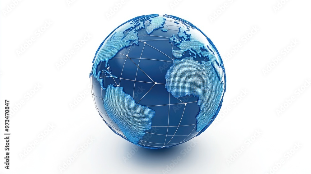 Poster blue global network across earth on a white background created through 3d rendering