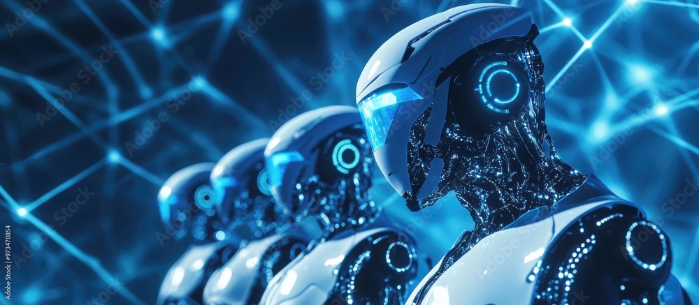 Poster 3d rendering of a team of humanoid robots and cyborgs on a blue digital global network background sh