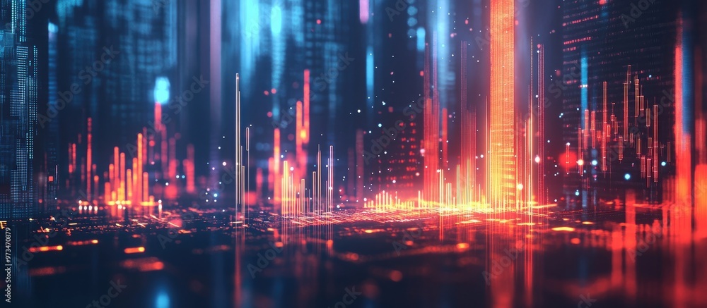 Poster abstract glowing big data forex candlestick chart with a blurred urban background concept of trading