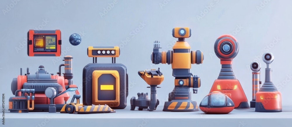 Poster isolated robot and factory symbol set of robot and space graphics for online use