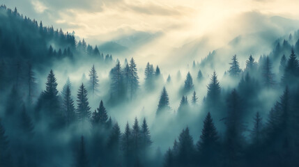 Misty forest landscape with fog rolling over pine trees in mountain scenery illuminated by sunlight