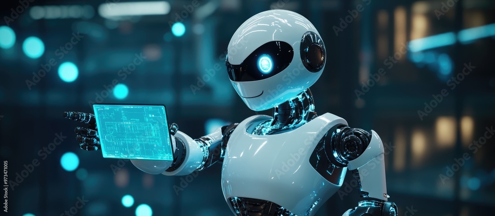 Poster cheerful robot pointing at a touchscreen representing advanced cybersecurity digital technology ai i