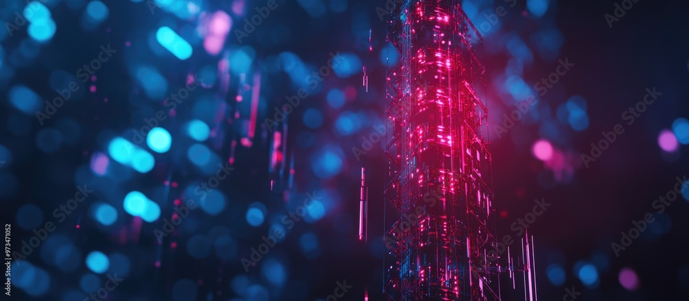 Poster blurred cell phone tower creating a background for communication technology imagery