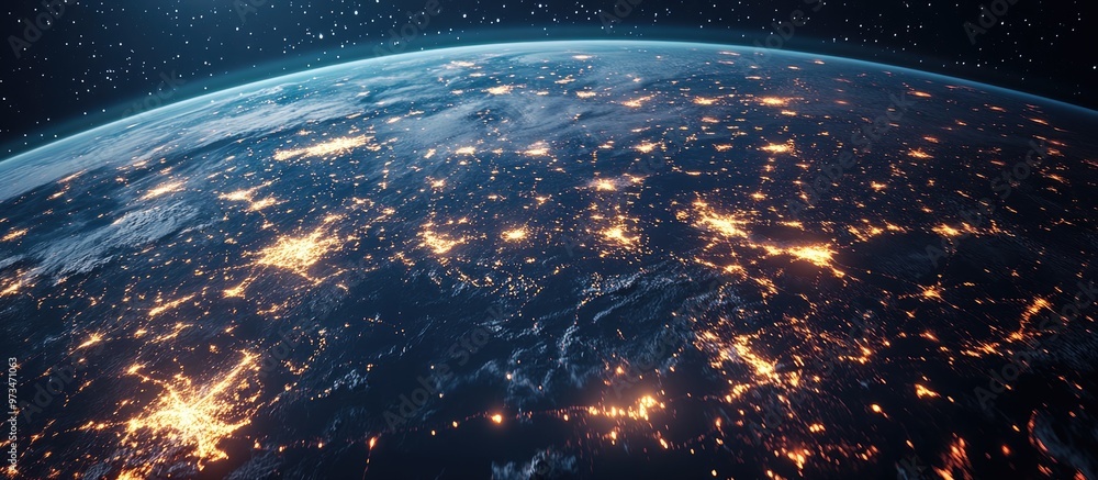 Poster night view of earth from space showcasing illuminated communication lines represents global connecti