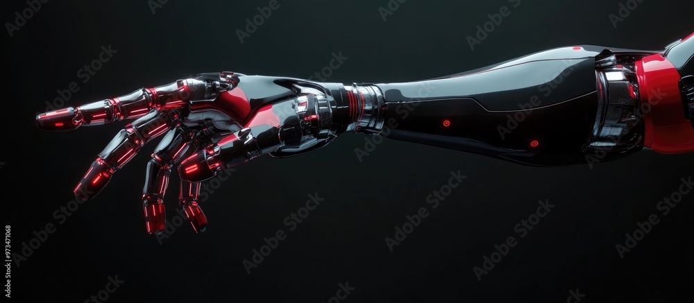Poster black and red robotic cyborg arm extending finger against a dark backdrop featuring a 3d rendered de