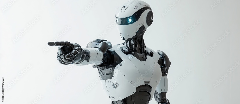 Aufkleber 3d rendering of a humanoid robot pointing its finger against a white background