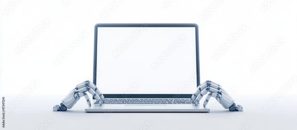 Poster 3d illustration of robotic hands using a laptop with a blank screen representing a technology theme 