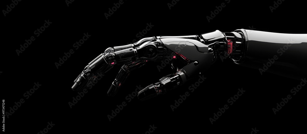 Poster robotic hand demonstrating autonomy in industry set against a black background in a 3d render