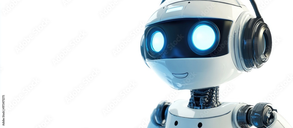 Poster 3d render of a robot character providing online support set against a white background