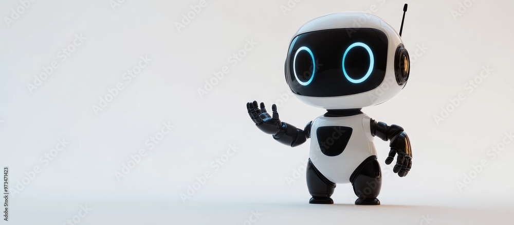 Poster 3d rendering of a small and adorable artificial intelligence personal assistant robot with a cartoon