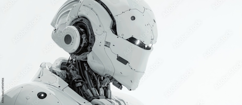 Poster detailed view of a white ai robot against a white background 3d concept of automation optimization a