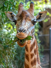 Close-up of a Giraffe's Face Eating Leaves