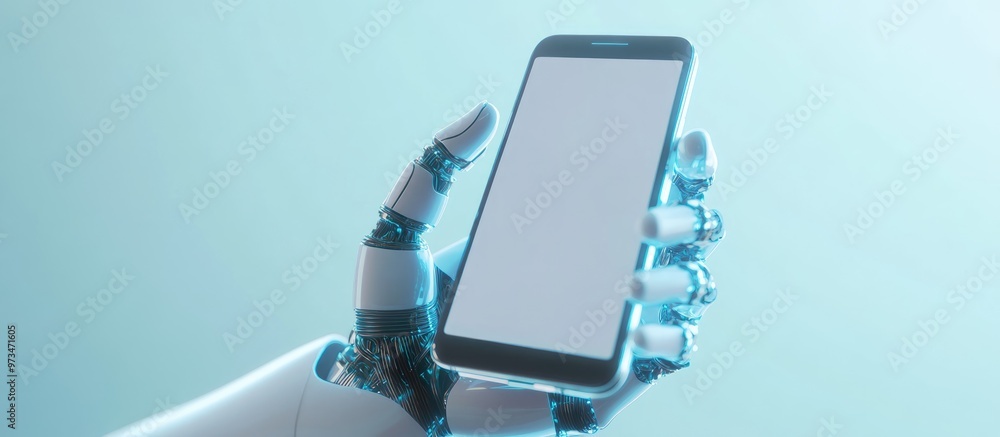 Poster bionic hand gripping a smartphone on a light backdrop concept of advanced technology and artificial 