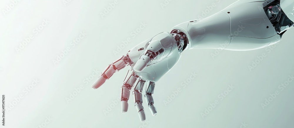 Poster humanoid robot hand gestures toward a space for text concept of future robotics artificial intellige