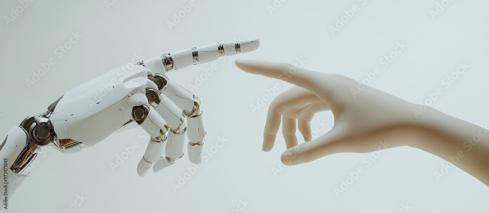 Poster white robotic cyborg hand pointing towards an outstretched human hand symbolizing the intersection o