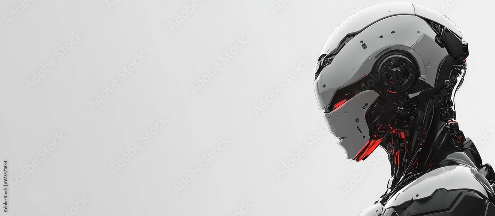 Poster 3d rendering of a humanoid robot in profile against a white background with empty space