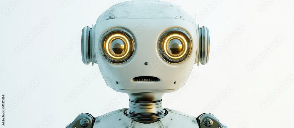 Poster close up view of a vintage robot with a fearful expression against a white background rendered in 3d
