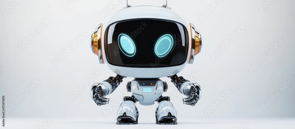 Poster adorable robot with a large screen isolated on a white background concept of technology 3d rendering