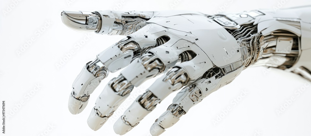 Poster robotic hand against a white background symbolizing future technologies in industrial and energy fie