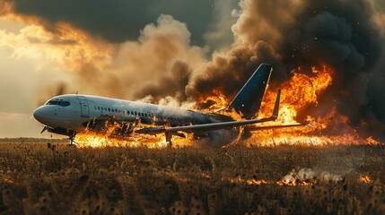 A burning airplane with smoke and fire engulfing the fuselage and tail