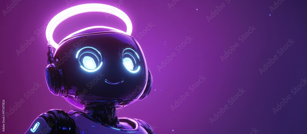 Poster adorable robot gazing upward with a halo above set against a purple backdrop concept of technology c