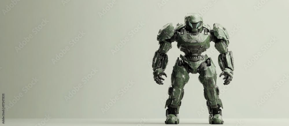 Poster futuristic mech soldier stands on a plain background military robot in green and gray metallic color