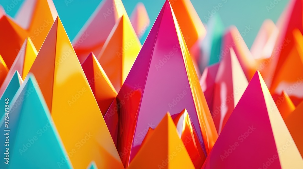 Poster vibrant digital graphic design featuring decorative 3d pyramids in an abstract style creating a colo
