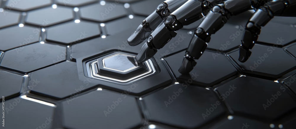 Aufkleber robot hand presses a hexagon button surrounded by hexagons 3d rendering