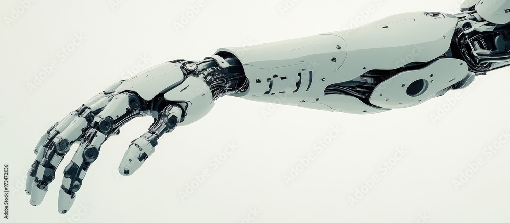 Poster 3d rendering of a humanoid robot arm positioned crosswise against a white backdrop