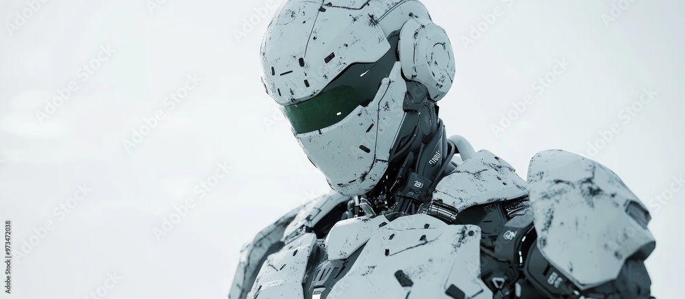 Poster futuristic mech soldier in a white setting featuring green and gray metallic armor pilot controlled 
