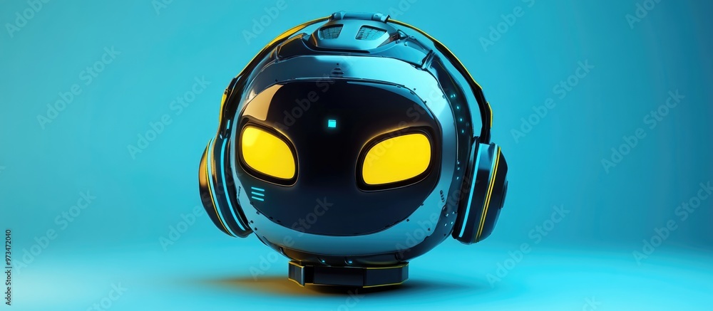 Poster charming robot head avatar expressing emotions featuring an emoji inspired android concept in a flat