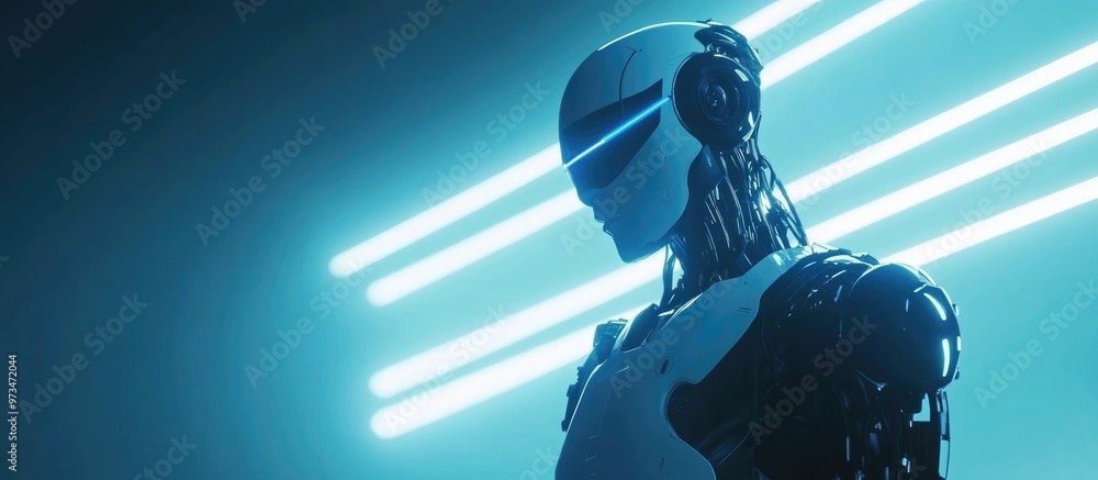 Poster futuristic robot and android displayed against a luminous stage backdrop illuminated by bright light
