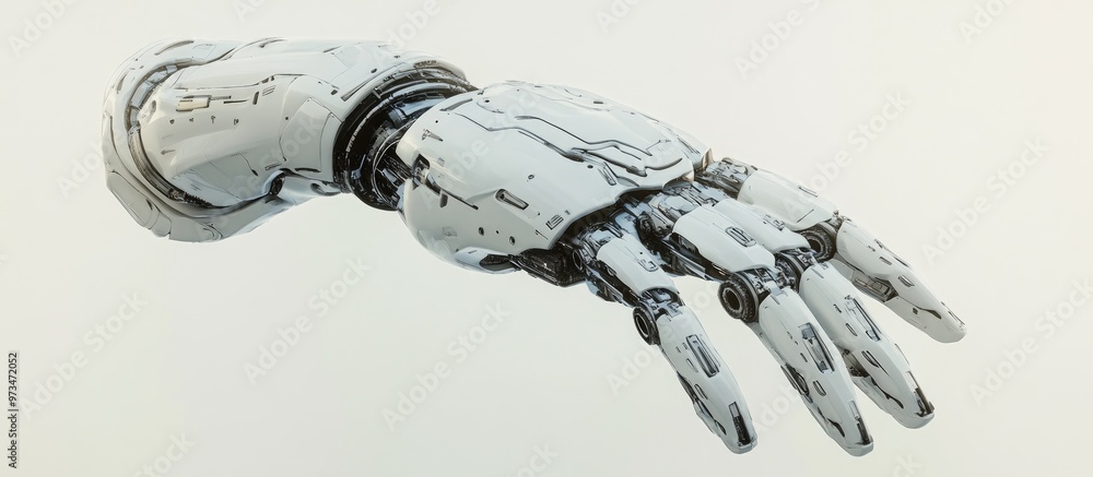 Poster futuristic robotic arm or mechanical hand displayed against a white background 3d rendering