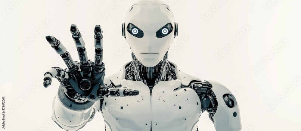 Poster futuristic humanoid robot with a detailed design making a stop gesture displaying an open hand with 