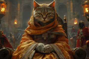 regal cat beastfolk monarch sitting on a grand throne draped in golden robes inside a majestic medieval hall