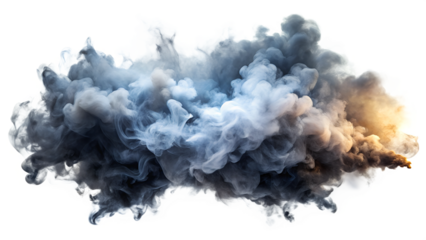 Dramatic smoke cloud with a mix of grey and blue tones, perfect for backgrounds, effects, or digital artwork. Transparent or white background.