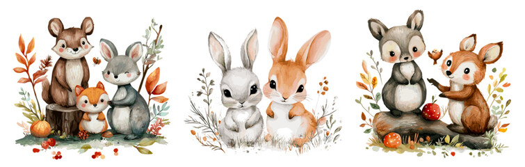 Obraz premium Watercolor forest animals scene. Cute animal wildlife hand drawn paint art, bunny chipmunk fox at autumn or summer timberland wild berries foliage grass leaves vector illustration
