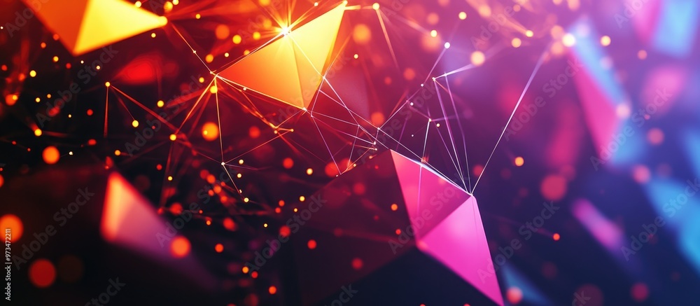 Poster abstract composition featuring a backdrop with interconnected triangles dots and lines showcasing a 