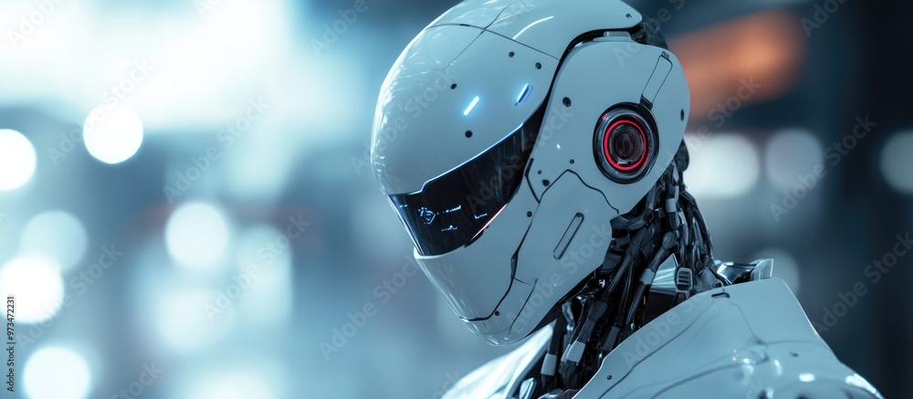Poster 3d render of a robotic cyborg with a blurred backdrop showcasing advancements in technology and robo