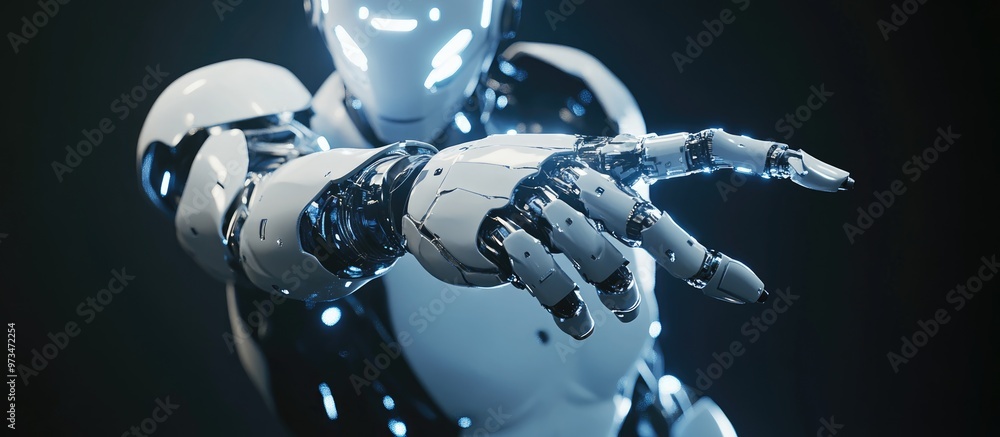 Poster white cyborg extending a finger against a dark background in a 3d rendering
