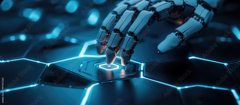 Poster robot hand presses a hexagon button surrounded by hexagons 3d rendering