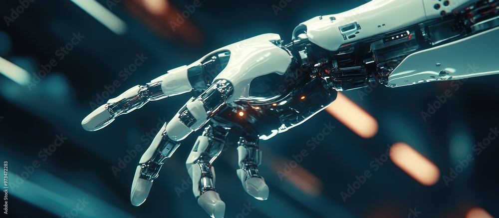 Poster human hand and robotic hand concept focusing on the integration and coordination of innovative techn