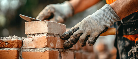 A bricklayer is wearing gloves and using a trowel to lay bricks. Concept of hard work and dedication to the task at hand