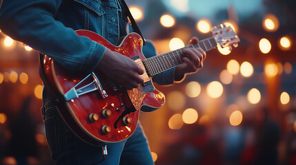 Obraz premium Musician playing electric guitar on stage during outdoor evening concert with glowing bokeh lights in background vibrant and lively 