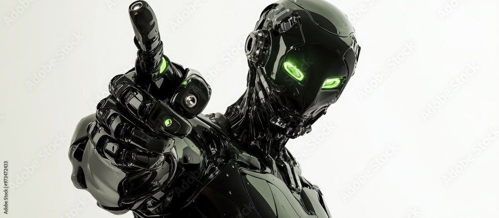 Poster black and green robotic cyborg pointing finger against a white background in 3d rendering