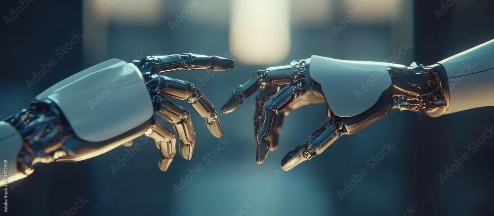 Poster robot hands interacting with one another