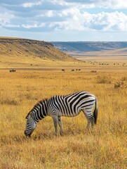 Naklejka premium Zebra Grazing in a Savanna Landscape with Distant Herd