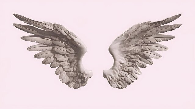 Pair of isolated angel wings with 3D feathers on white background, 3D Illustration, 3D Rendering