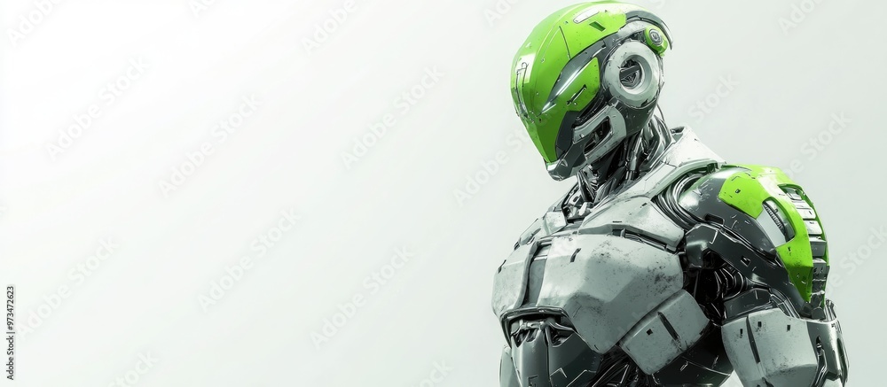 Poster futuristic mech soldier with a green and gray metallic design stands on a white background pilot con
